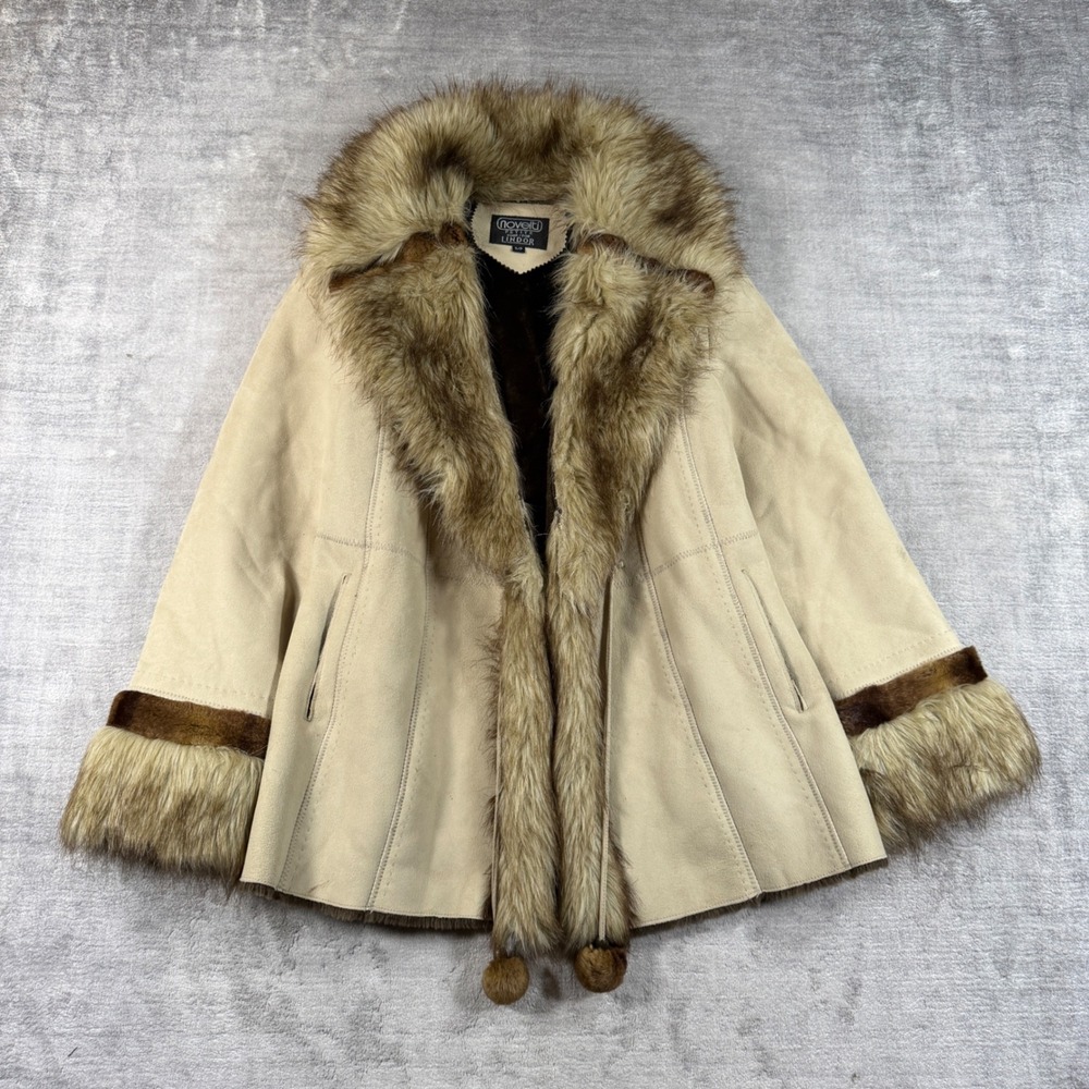 Vintage Y2K Jacket Women Small Tan Faux Shearling Fur Trim Penny Lane Afghan